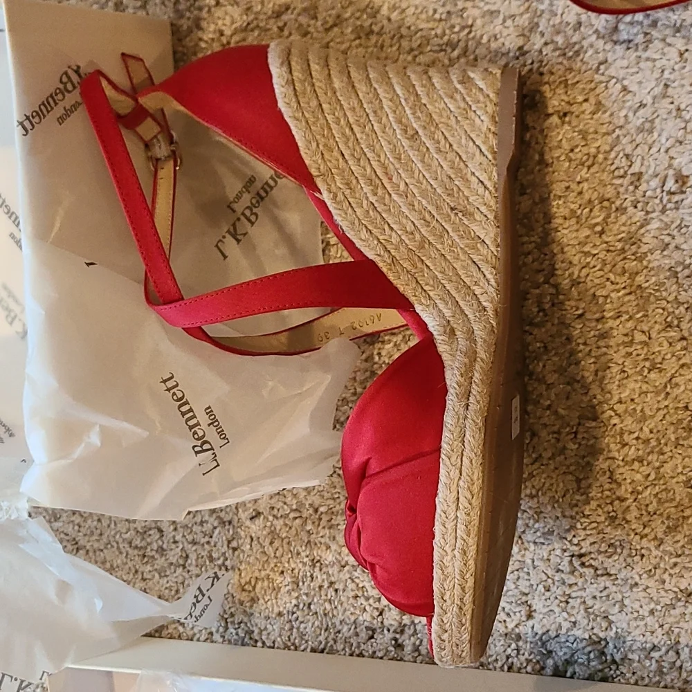 L.K. Bennett Angeline Red Satin Wedge Espadrilles - Picture 8 of 16